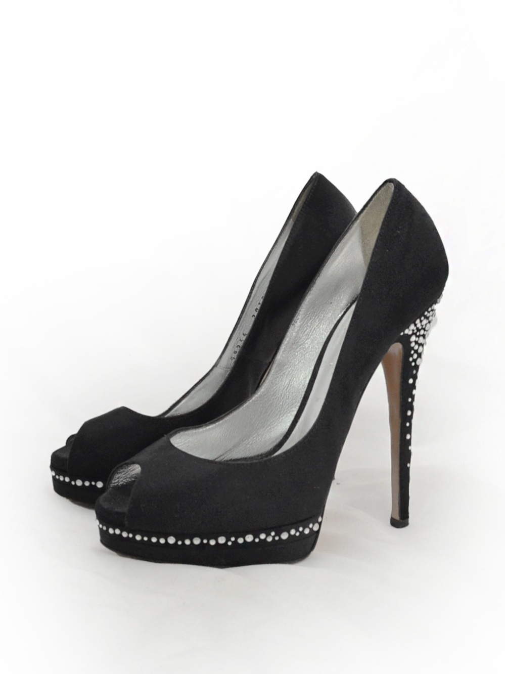 Vintage Casadei Black Satin Crystal Embellished Peep Toe Pumps Heels